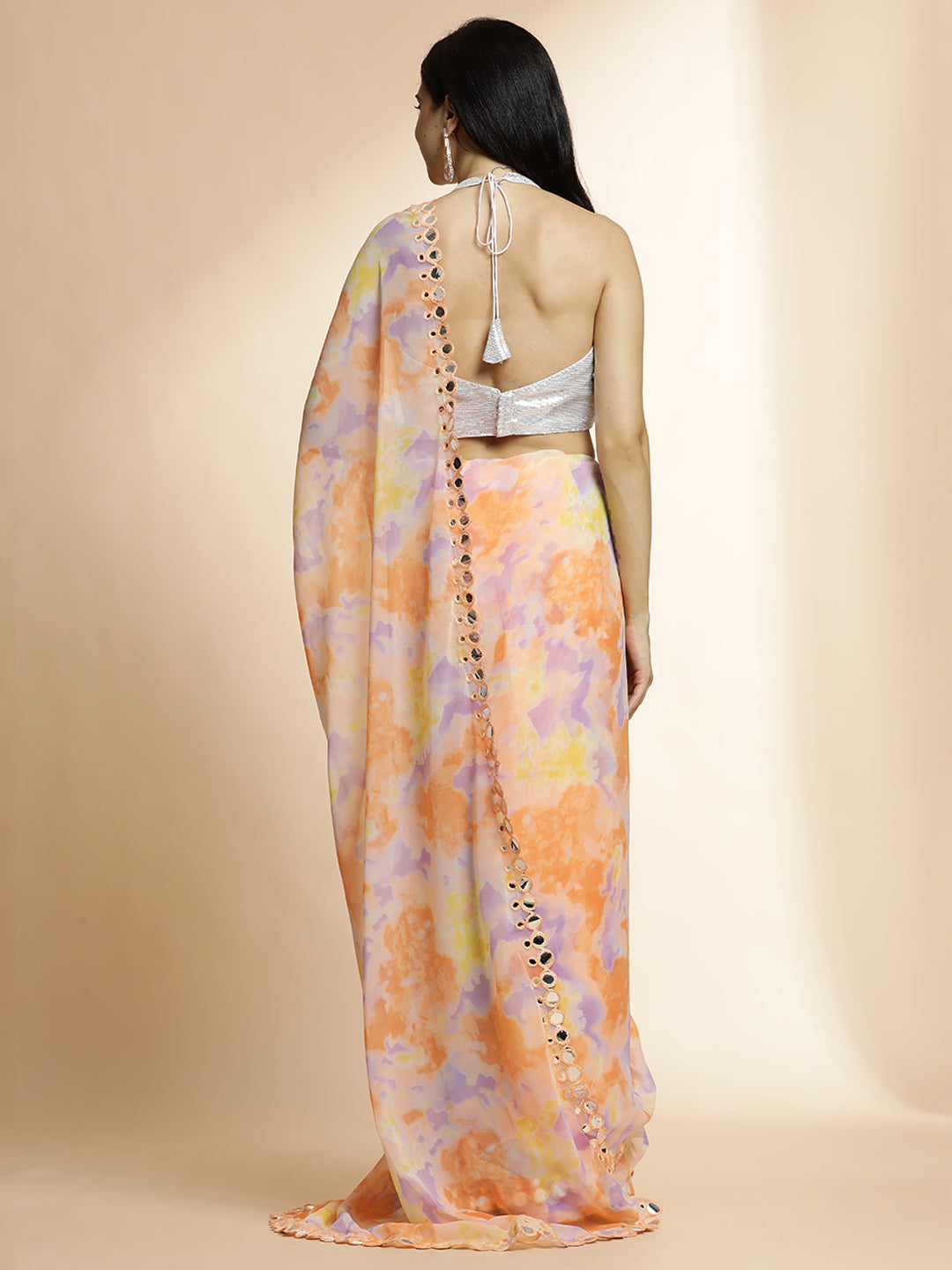 Peach Tie-Dye Mirror Work Pure Georgette Saree