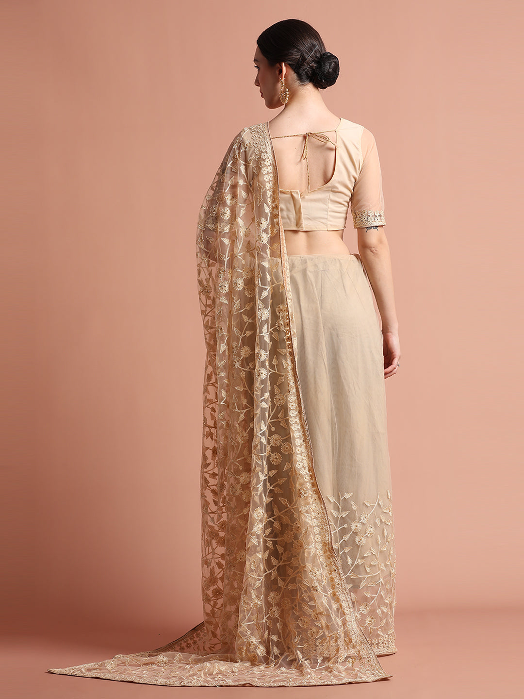 Beige Party Wear Floral Embroidered Net Saree