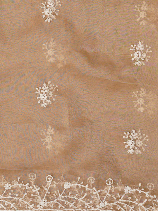 Beige Unstitched Embroidered Organza Dress Material With Dupatta