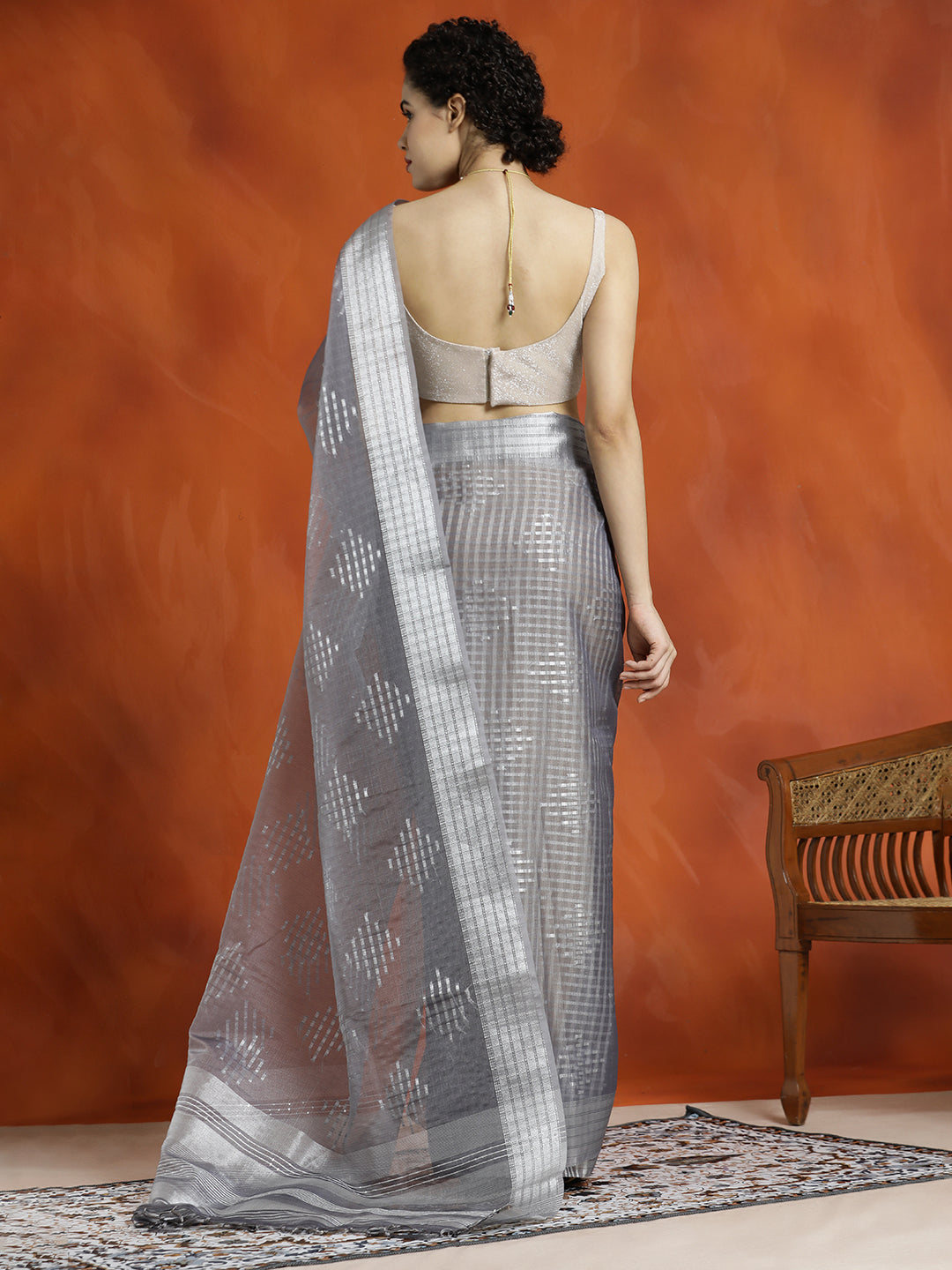 Grey Zari Woven Banarasi Organza Saree