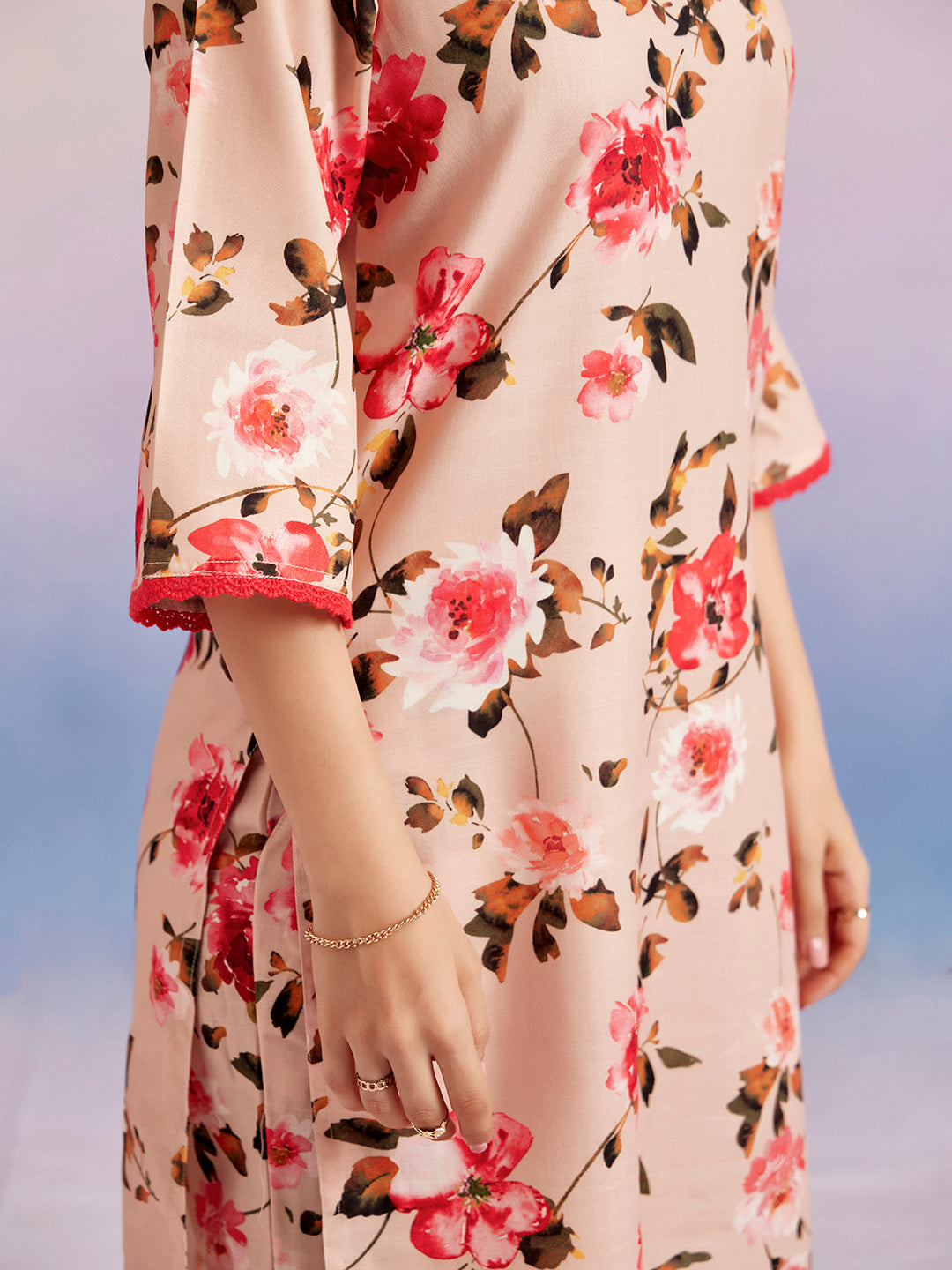 Floral Printed Peach Straight Kurta With Pants