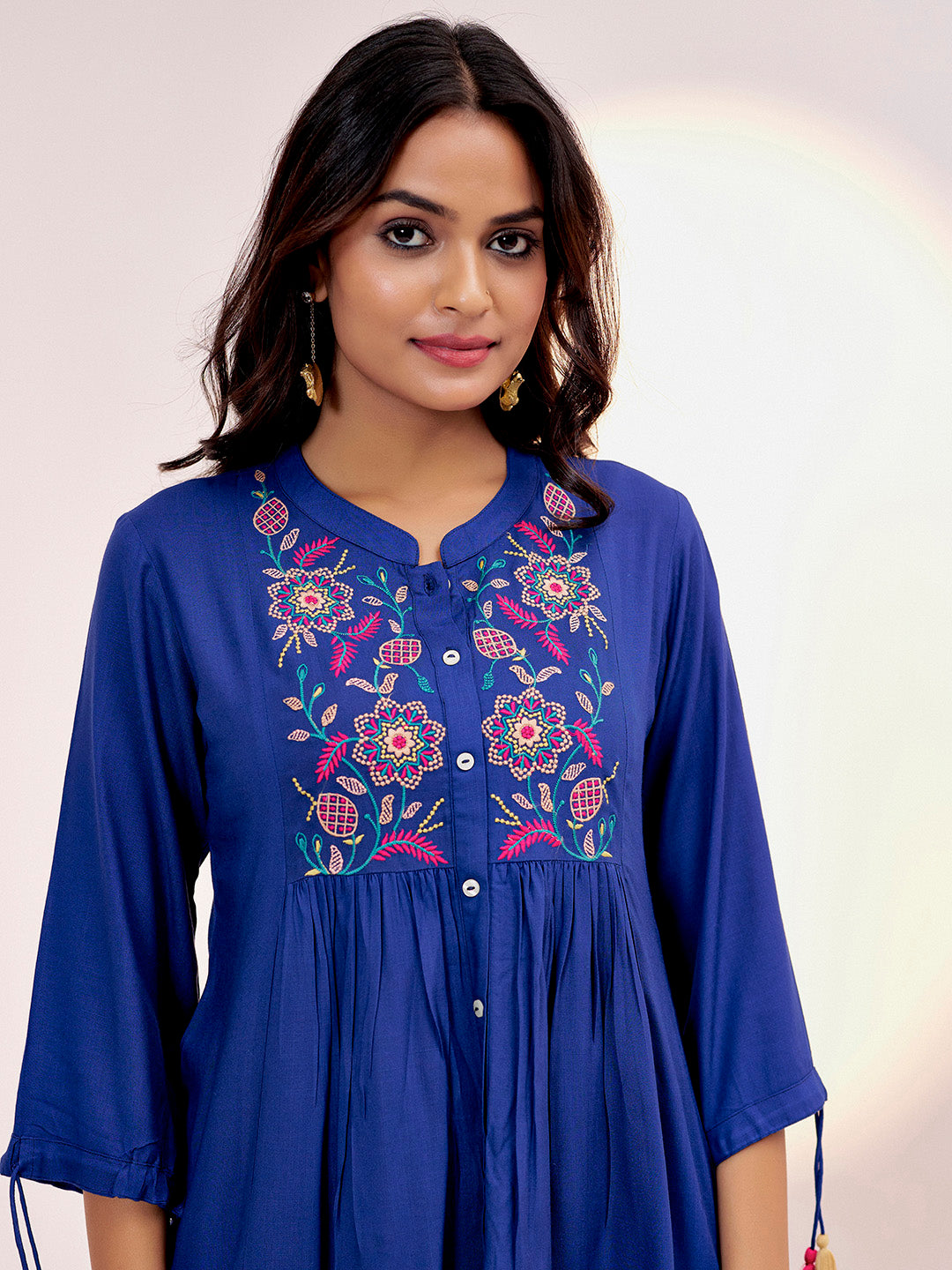 Blue Threadwork Embroidered Gathered Top