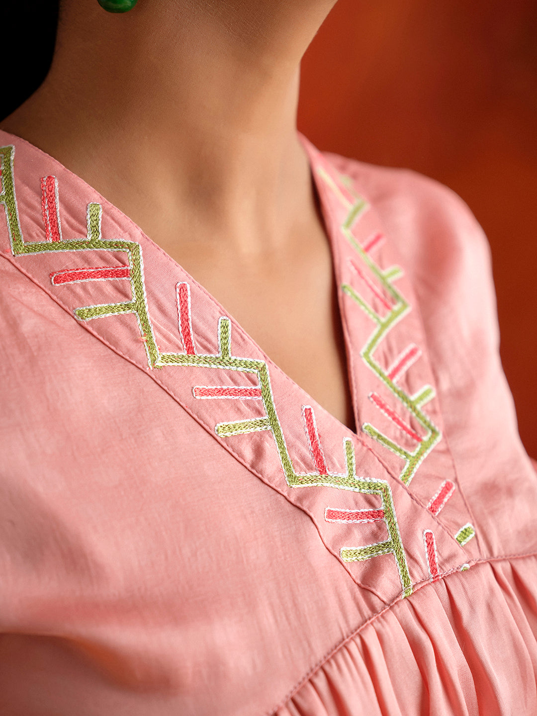 Pink Resham Embroidered Gathered Top