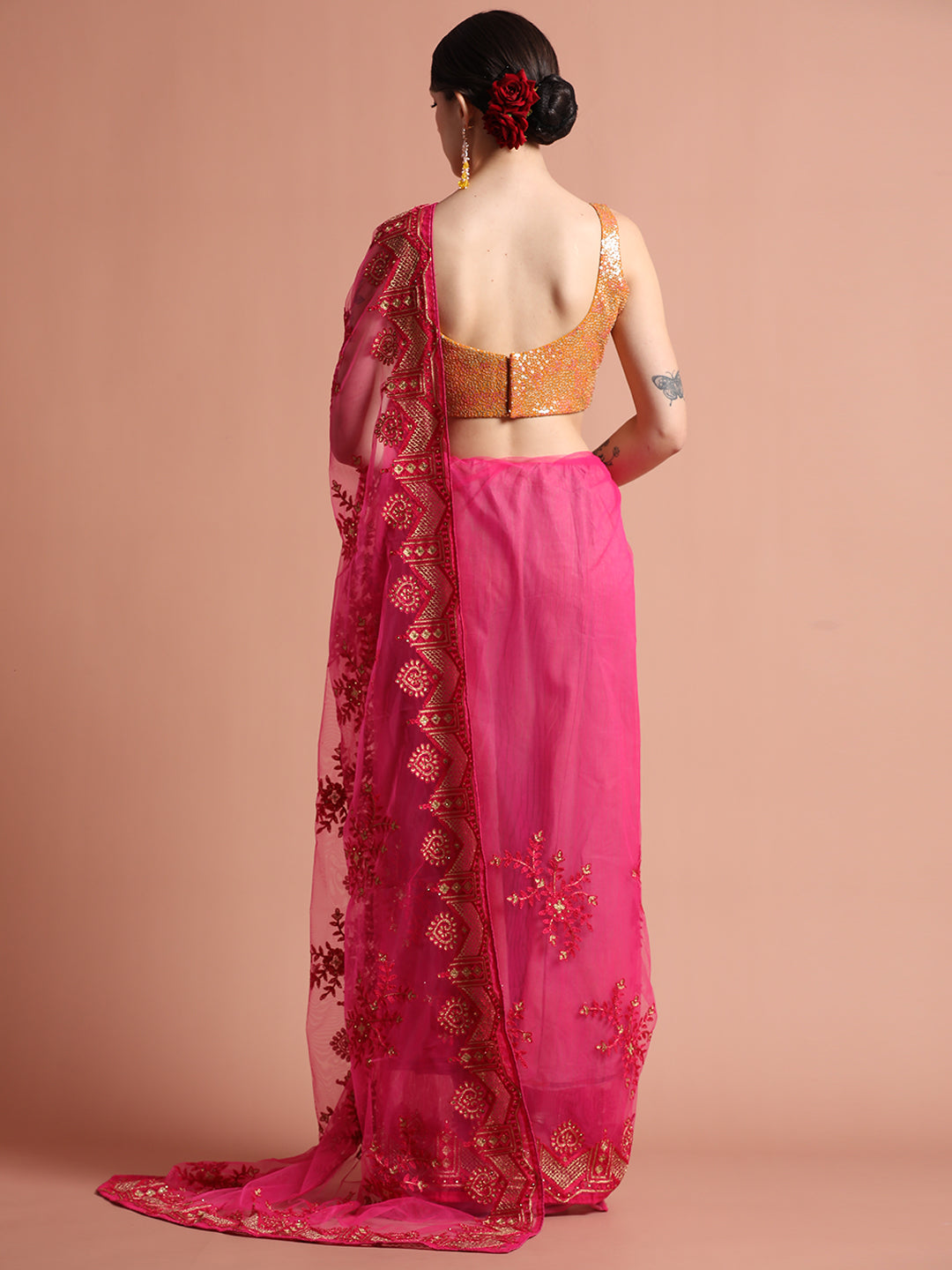 Pink Floral Embroidered Net Party Wear Saree