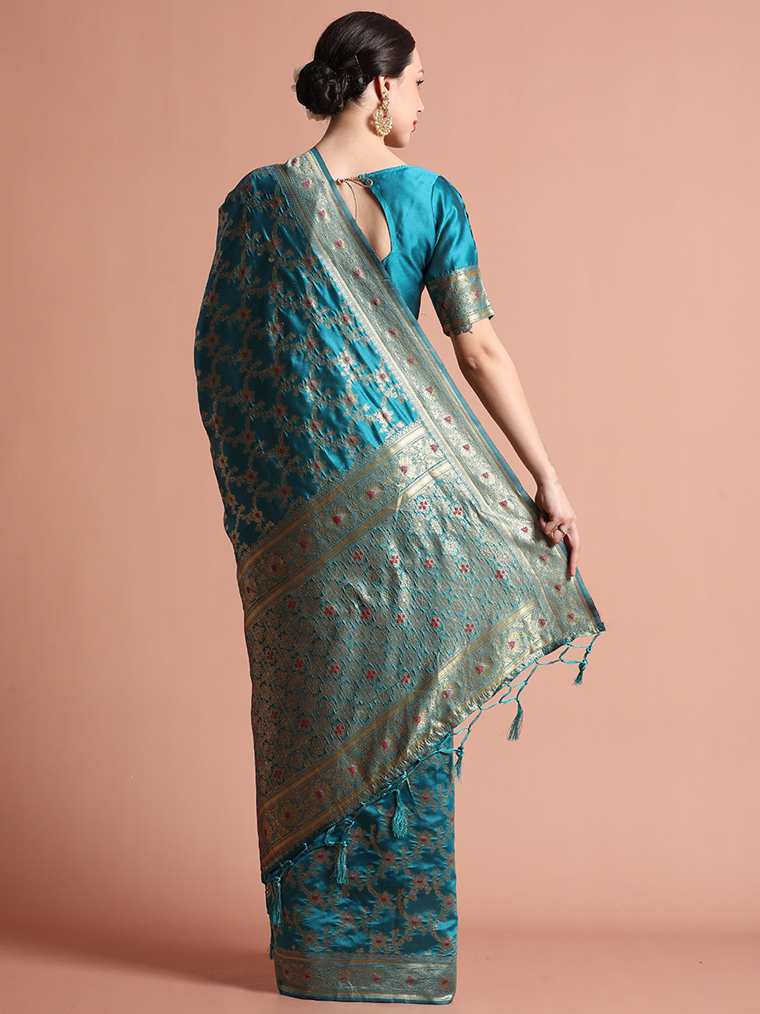 Teal Banarasi Zari Woven Silk Blend Saree