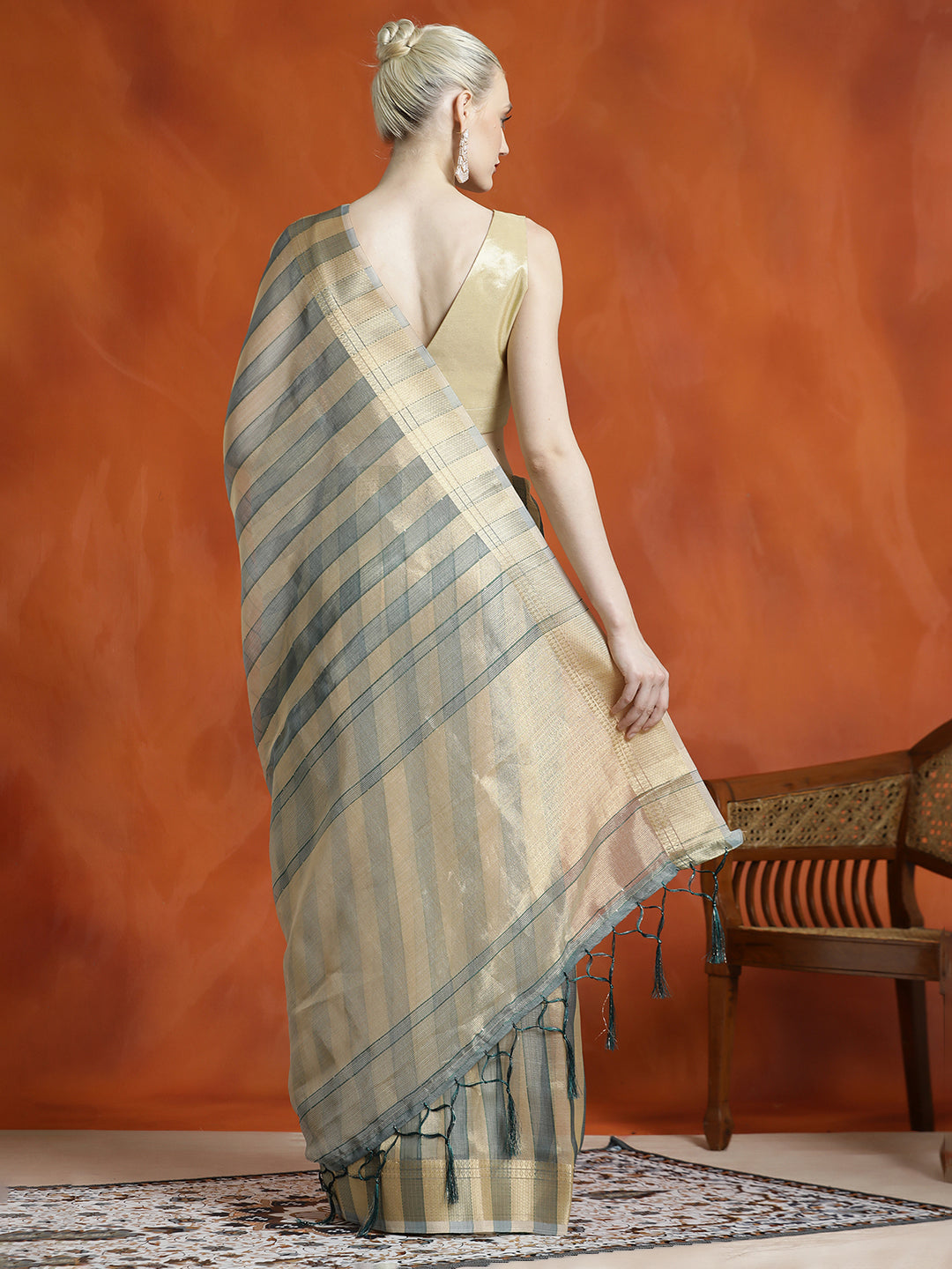 Green Striped Embellished Banarasi Organza Saree