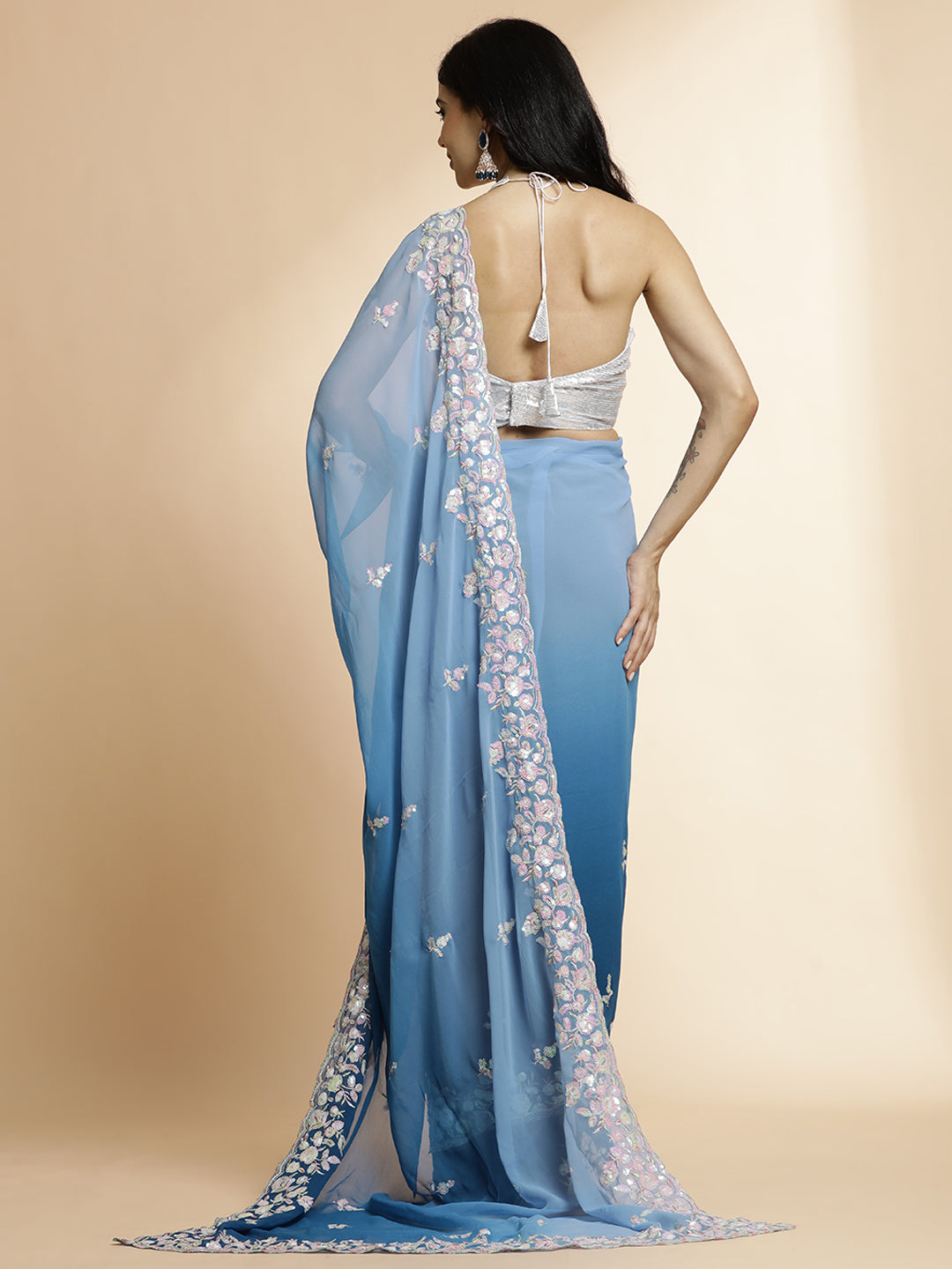 Blue Sequin Work Pure Georgette Saree