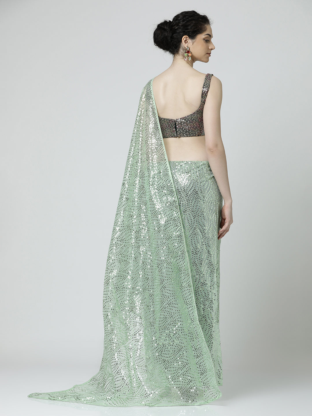 Light Green Sequin Embellished Georgette Saree