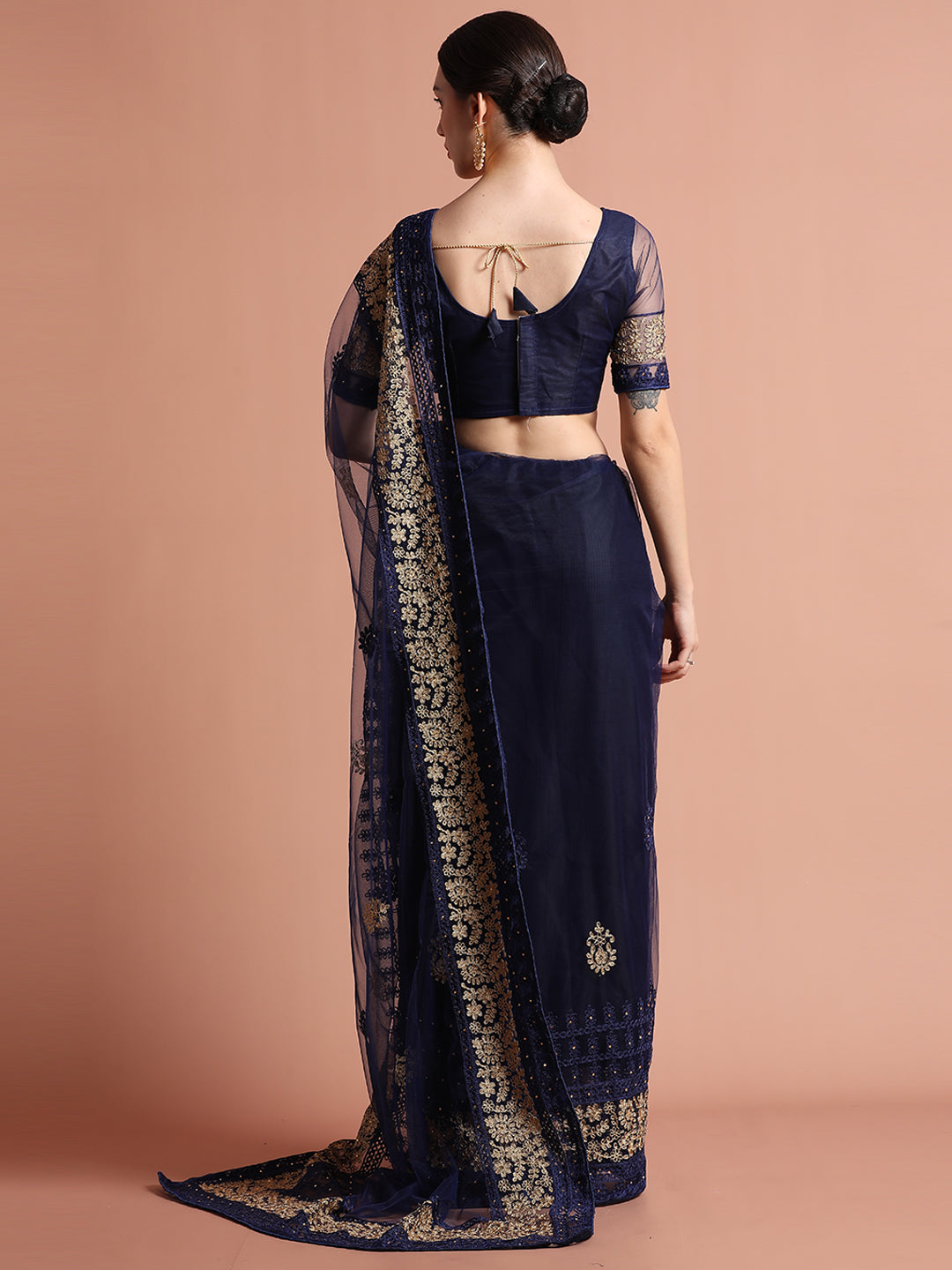 Navy Blue Floral Embroidered Net Party Wear Saree