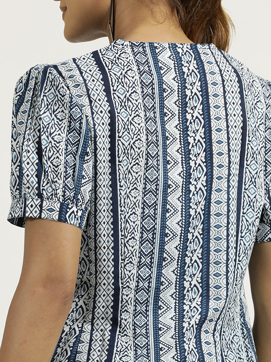 Indigo Printed Cotton Pleated Top