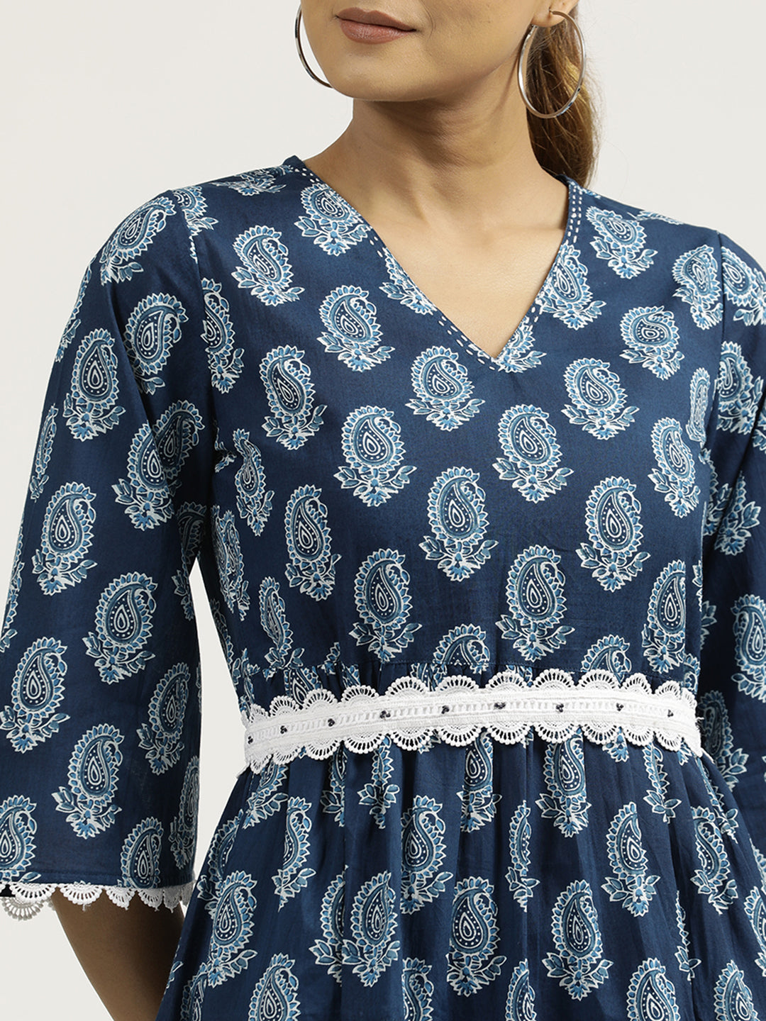 Paisley Indigo Blue Tier Cotton Dress With Belt