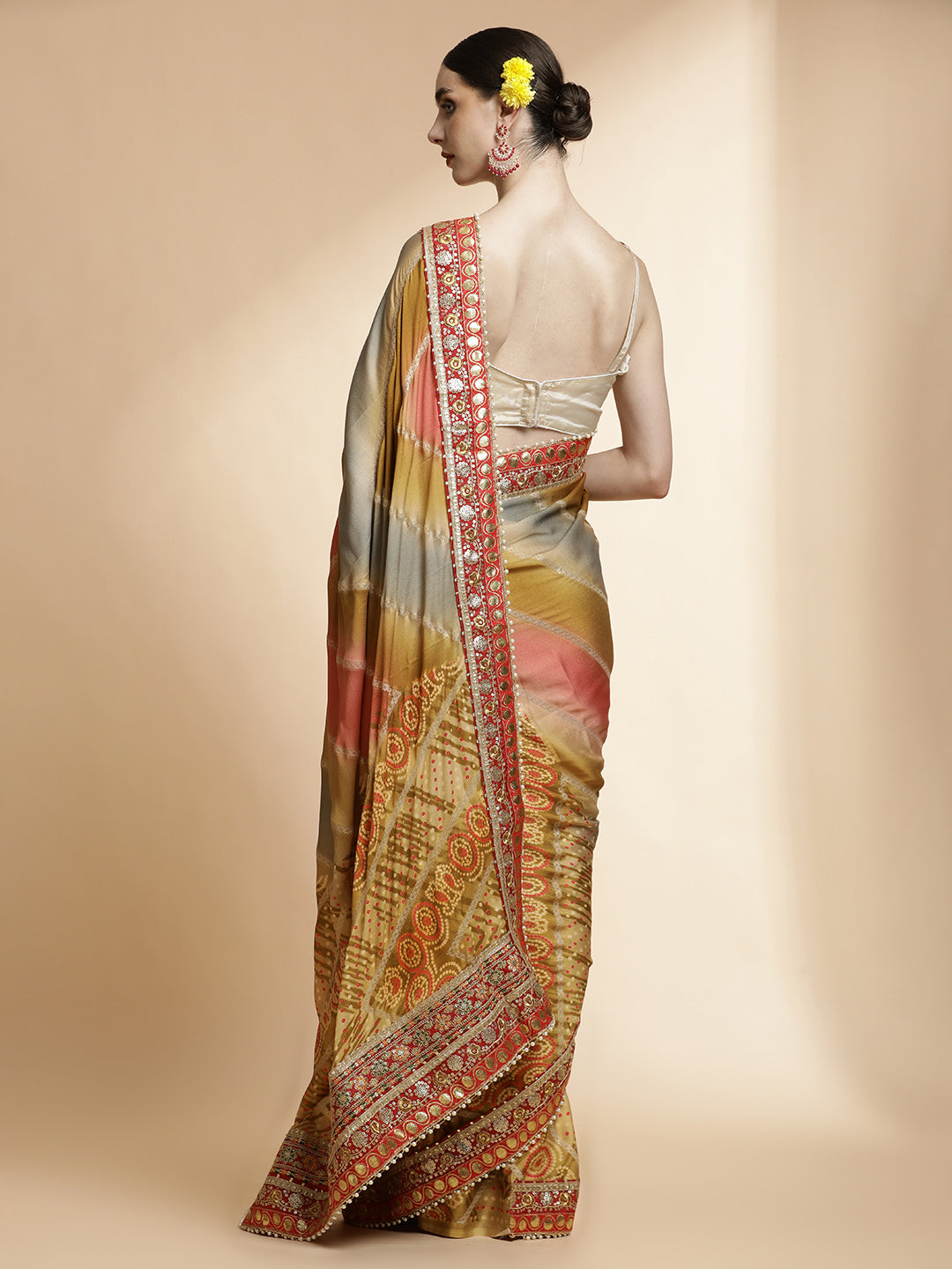 Mustard Traditional Bandhani Embroidered Pure Georgette Saree