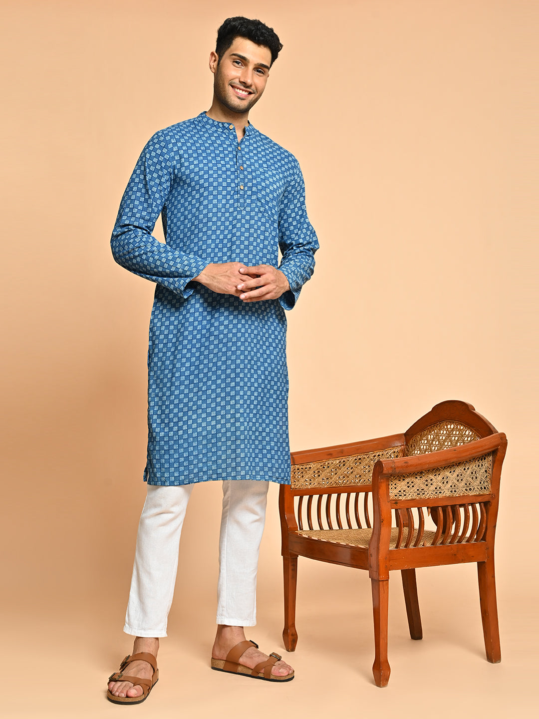 Ethnic Block Printed Cotton Blue Short Kurta