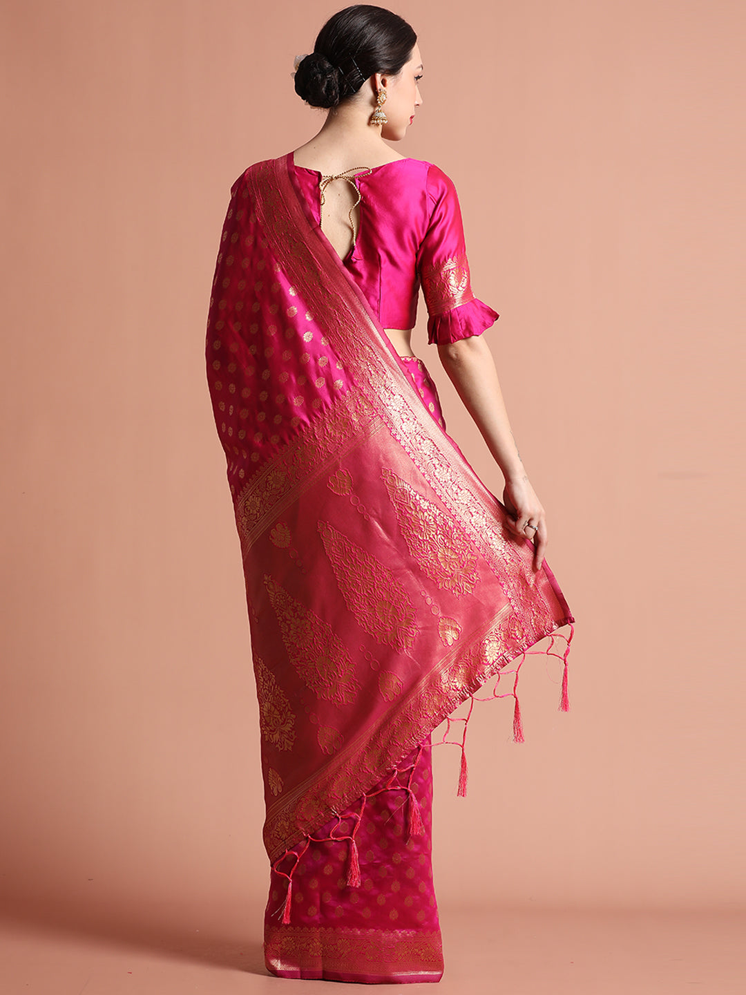 Heavy Banarasi Pink Zari Woven Silk Blend Saree