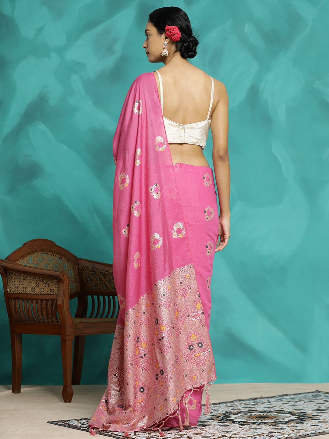 Pink Silk Blend Party Wear Banarasi Saree