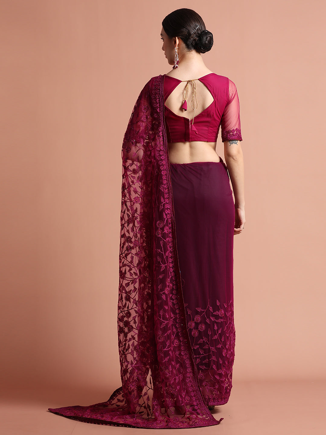 Purple Party Wear Floral Embroidered Net Saree