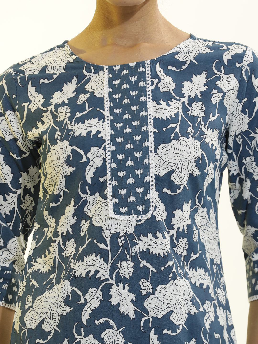 Navy Blue Floral Printed Cotton Blend Kurta Set