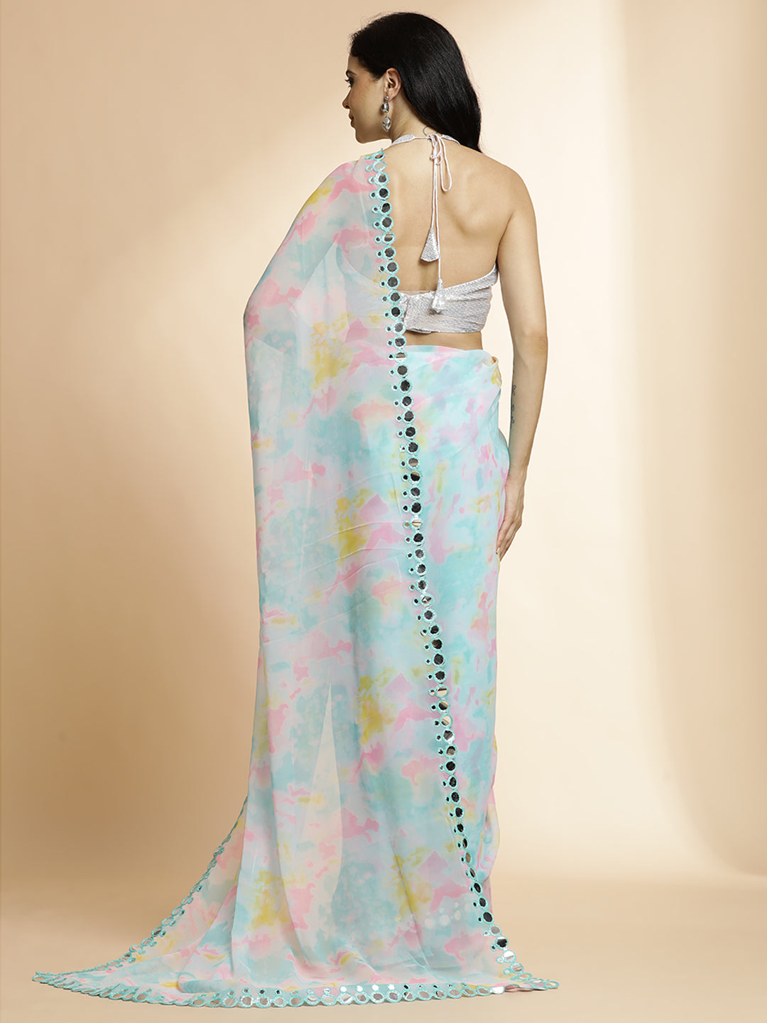 Sky Blue Tie-Dye Mirror Work Pure Georgette Saree