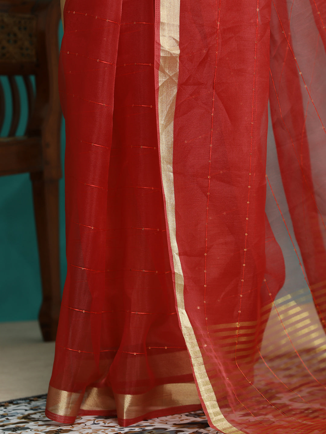 Red Sequin Embellished Organza Saree