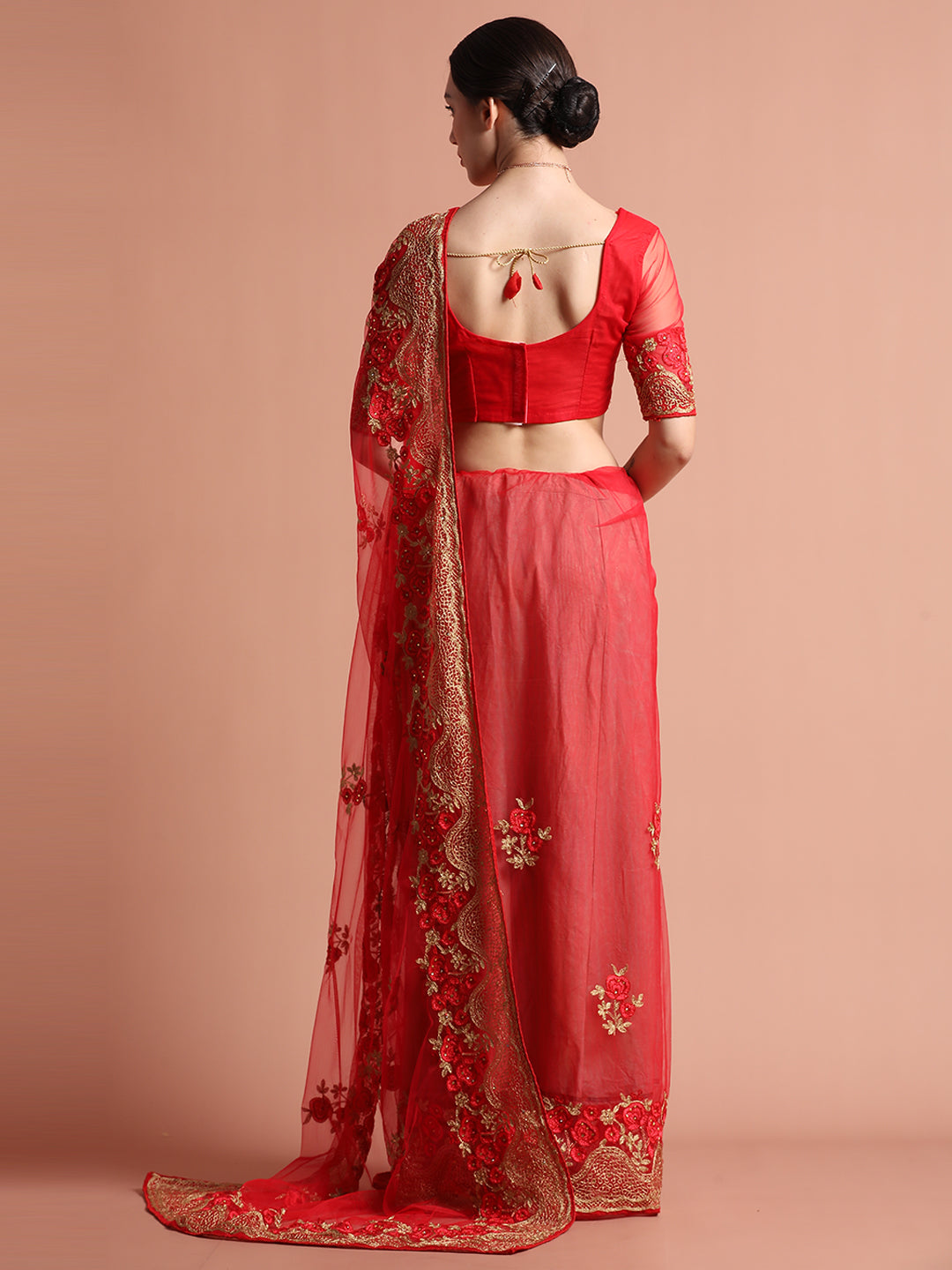 Floral Embroidered Net Party Wear Red Saree