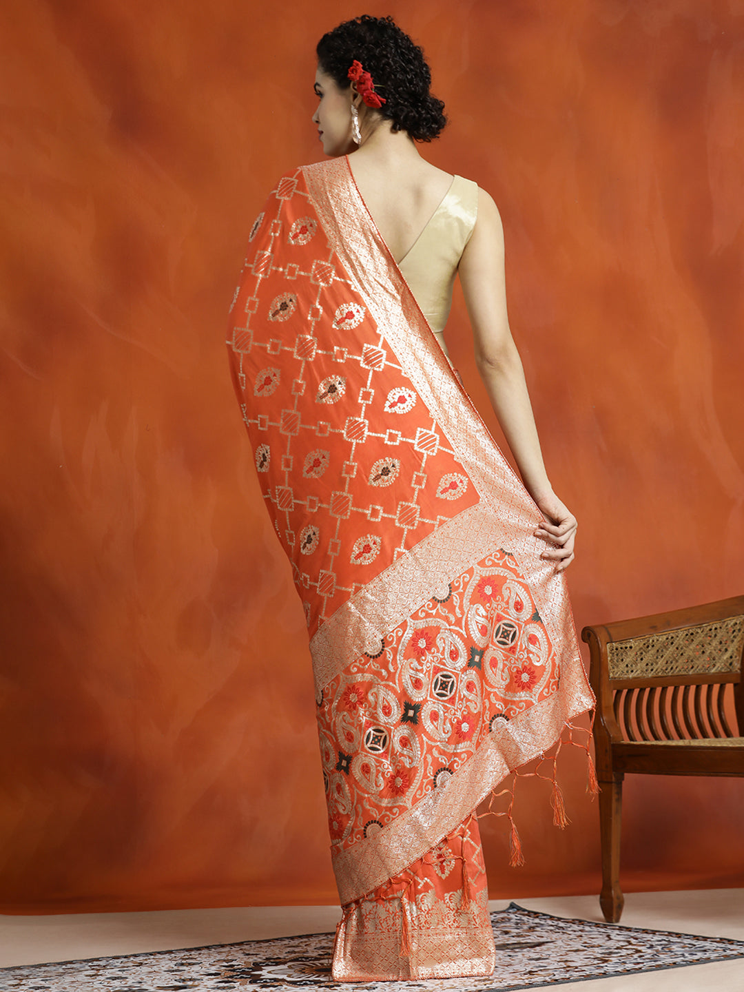 Heavy Banarasi Zari Woven Silk Blend Orange Saree