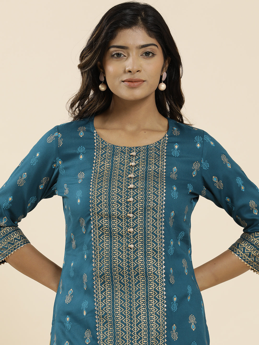 Teal Ethnic Printed Straight Kurta