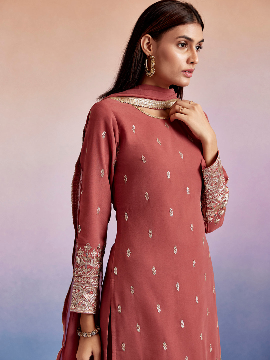 Embroidered Dusty Peach Straight Kurta With Sharara And Dupatta