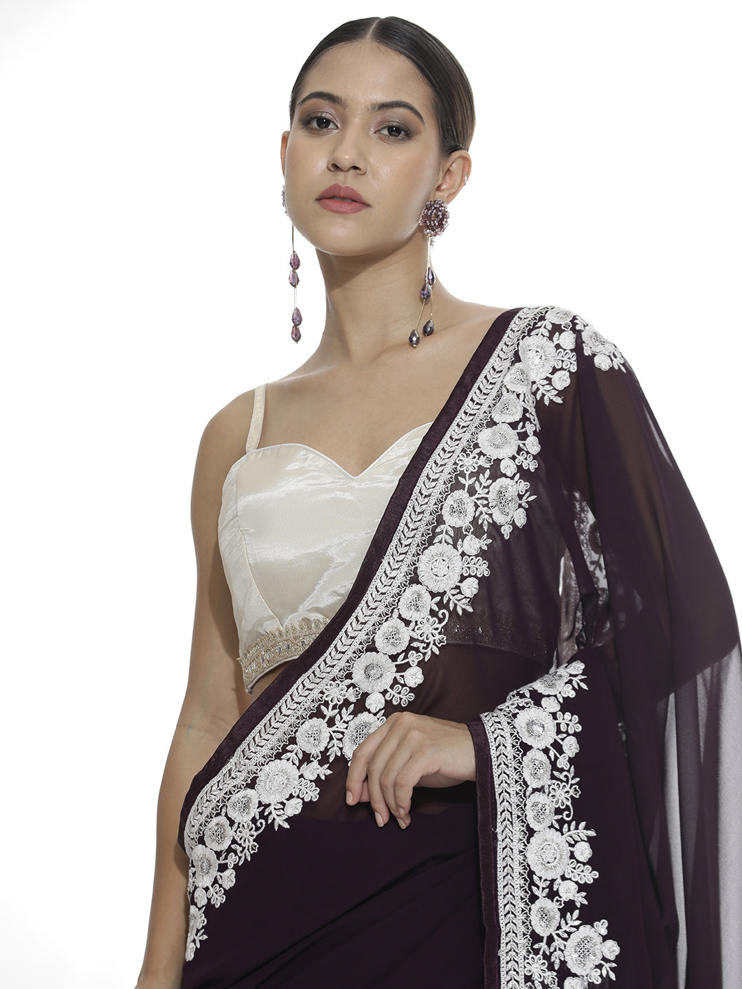 Pure Georgette Embroidered Wine Saree