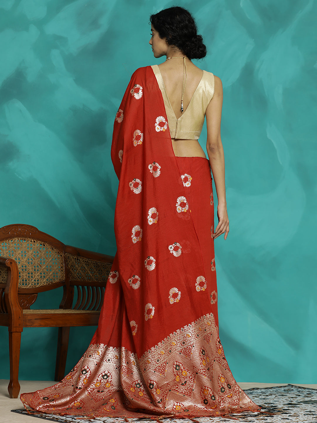 Red Silk Blend Party Wear Banarasi Saree