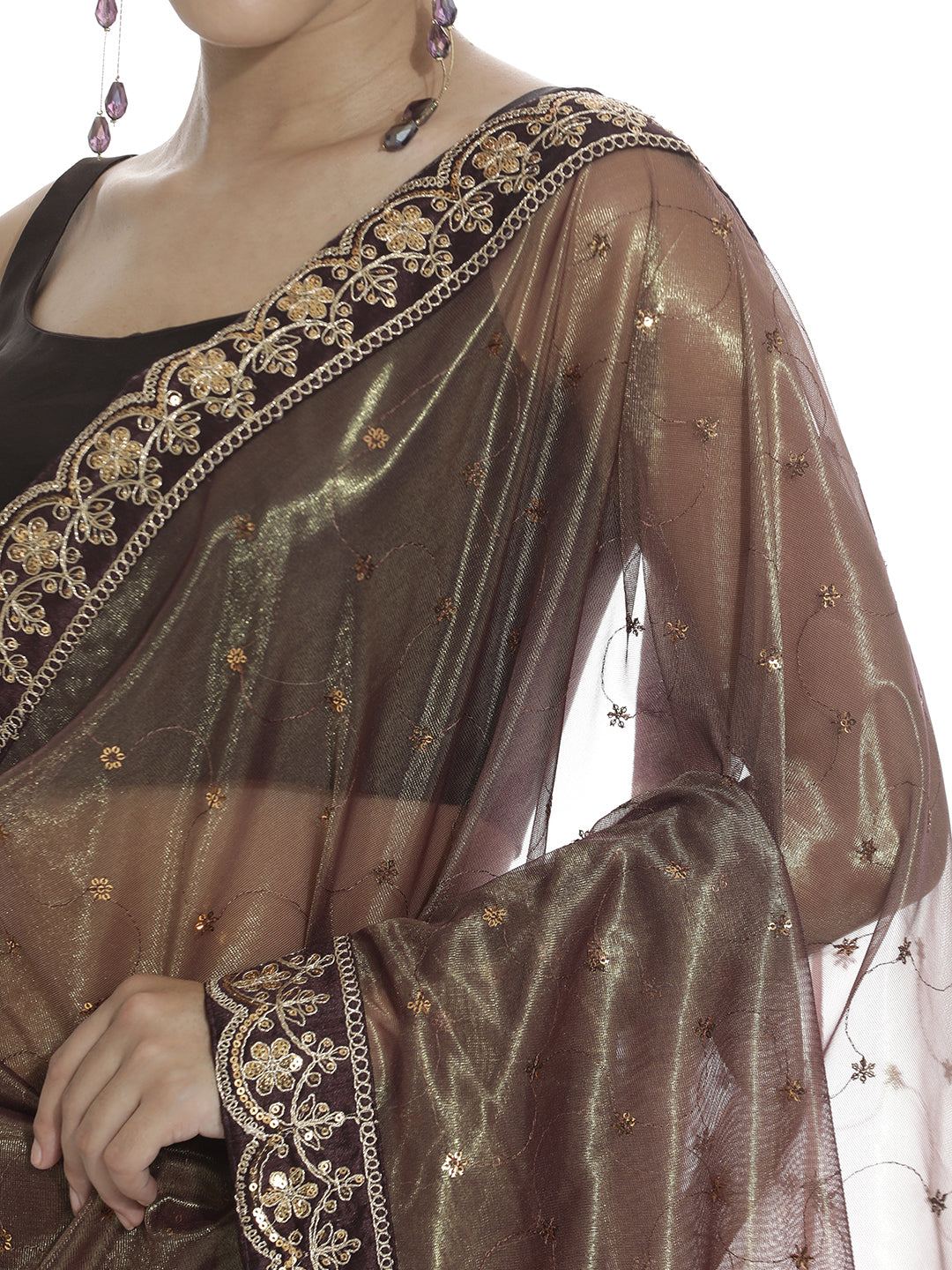 Brown Sequin Embroidered Net Party Wear Saree