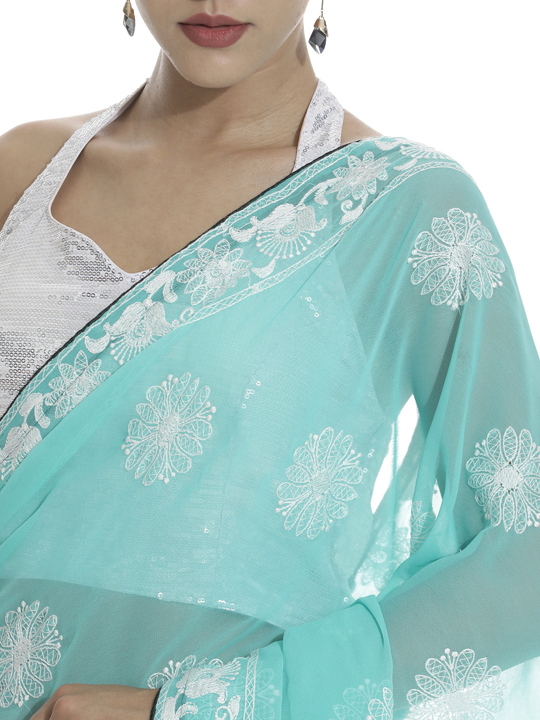 Traditional Sea Green Embroidered Pure Georgette Saree