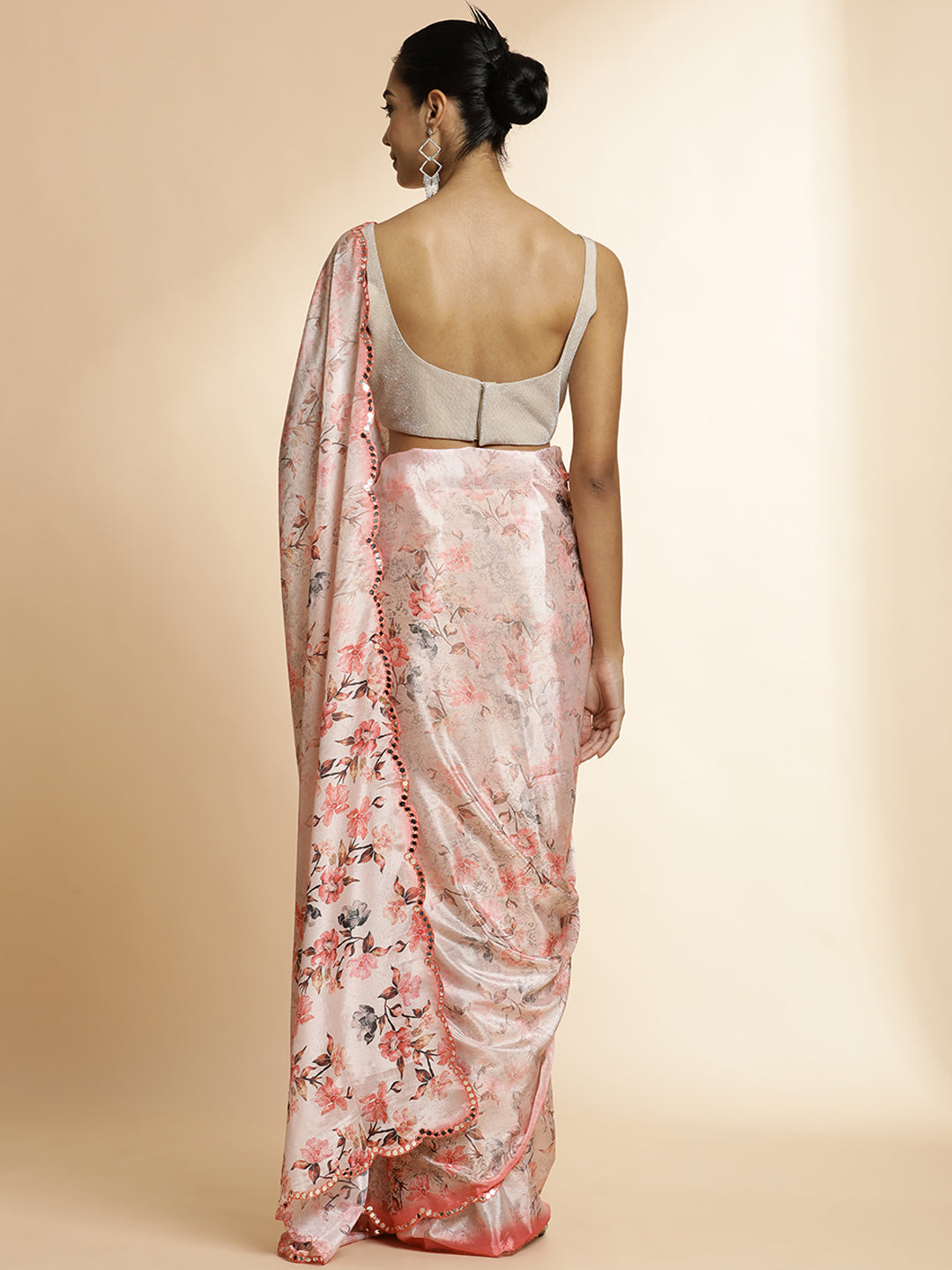 Mirror Work Satin Floral Printed Saree