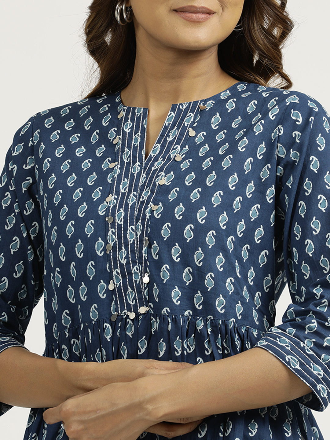 Ethnic Printed Indigo Gathered Cotton Kurta