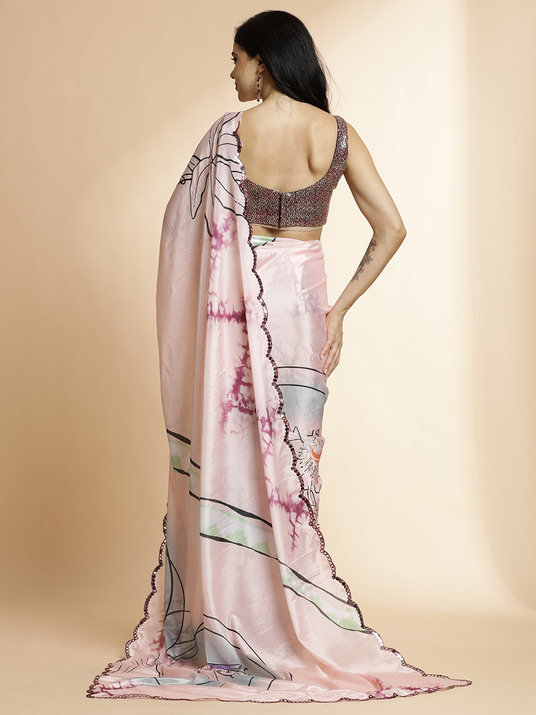 Peach Tie-Dye Printed Mirror Work Satin Saree