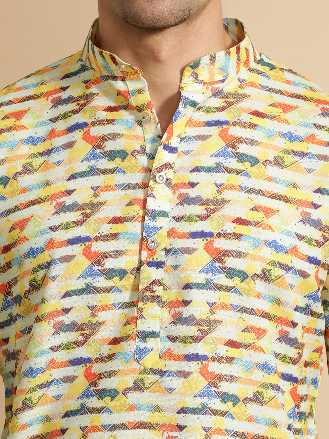 Yellow Abstract Printed Cotton Kurta for Men