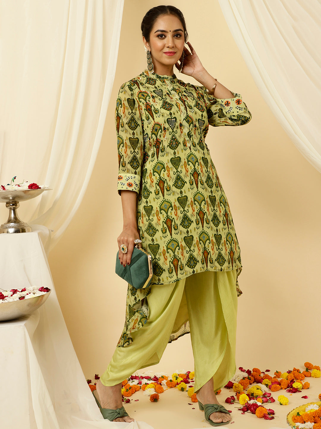 Ikat Printed Asymmetric Kurta With Dhoti Set