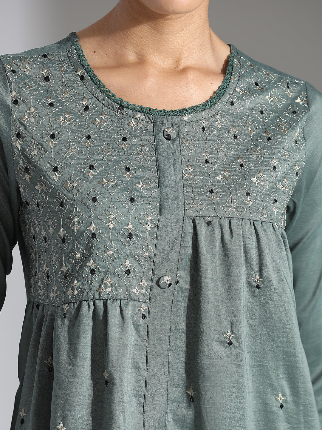 Olive Green Embroidered Party Wear Asymmetrical Top