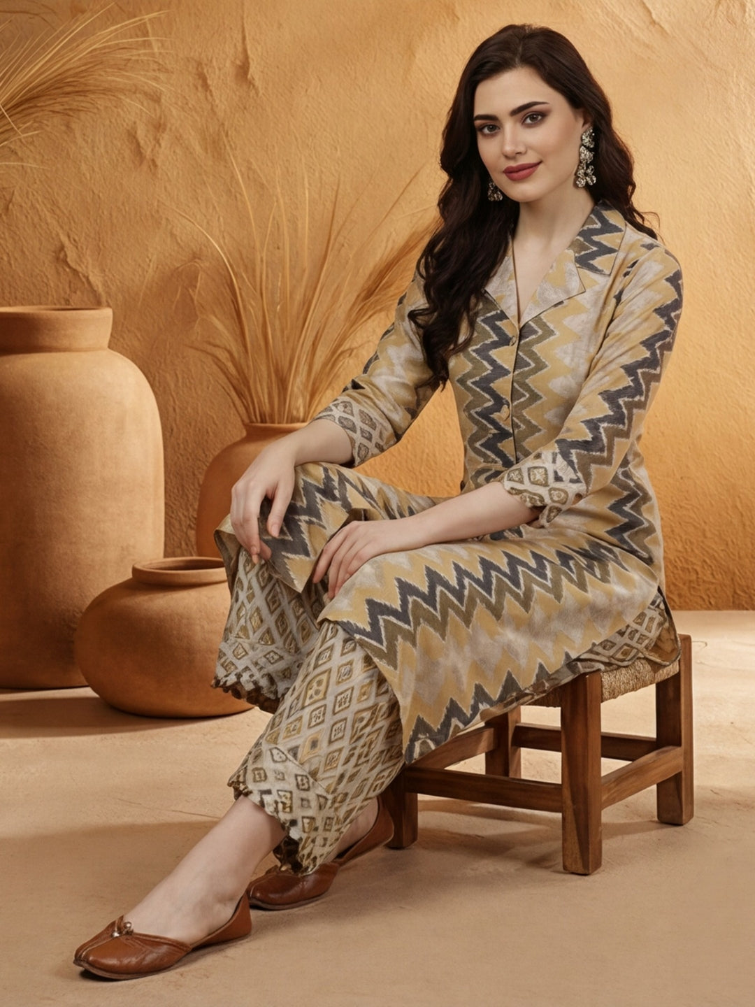Green Geometric Printed A-line Kurta With Palazzo