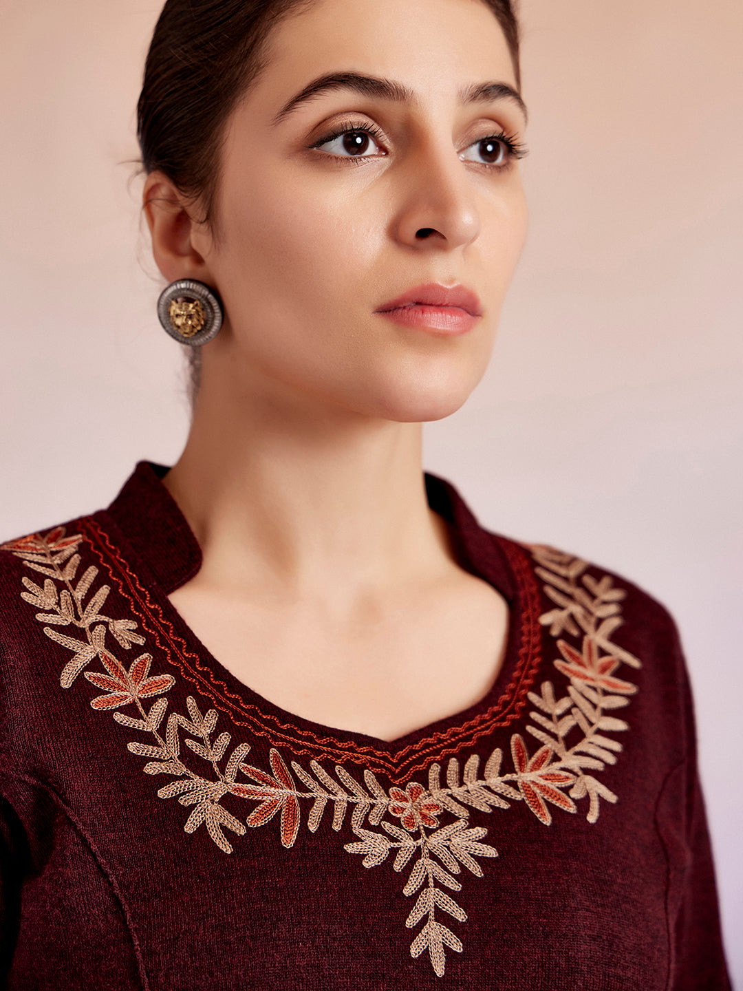 Maroon Embroidered Woolen Straight Kurta