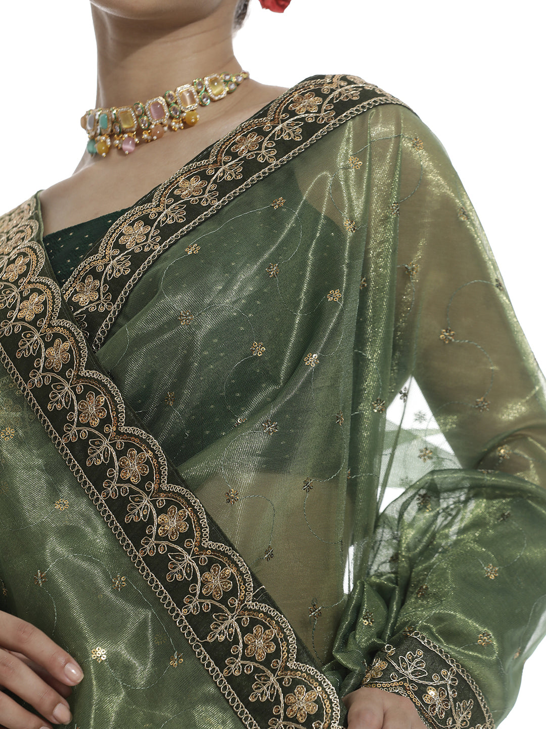 Green Sequin Embroidered Net Party Wear Saree