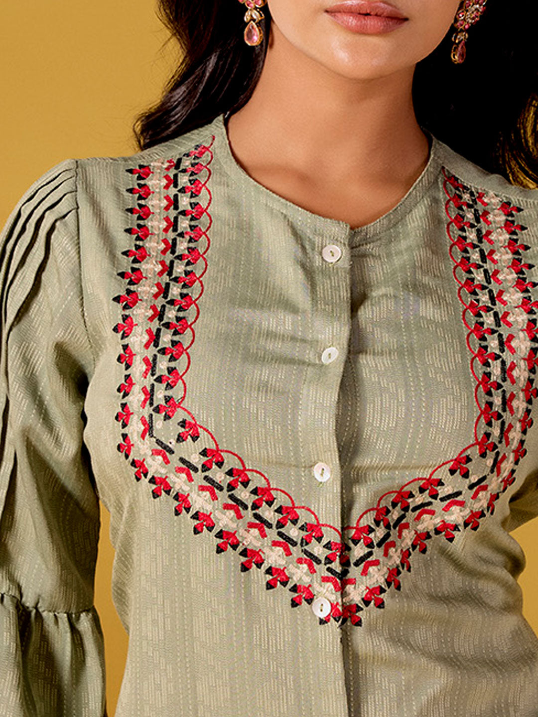 Olive Green Self Design Embroidered Festive Co-ord Set