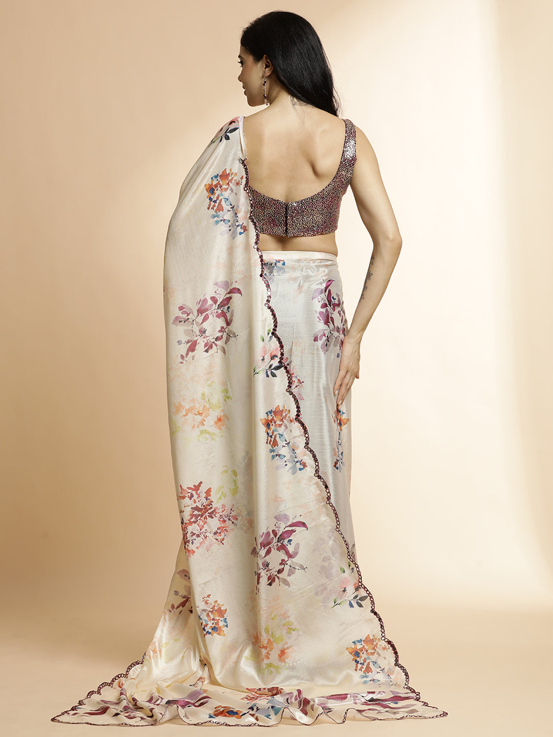 Cream Floral Printed Mirror Work Satin Saree