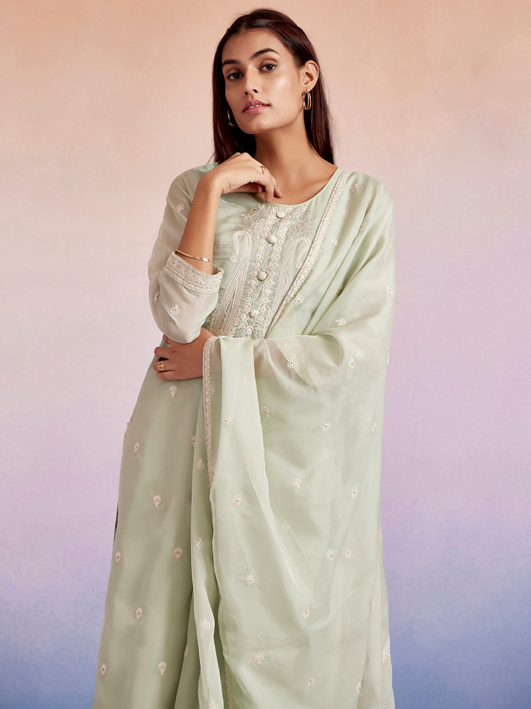 Light Green Dori Embroidered Festive Kurta Set With Dupatta