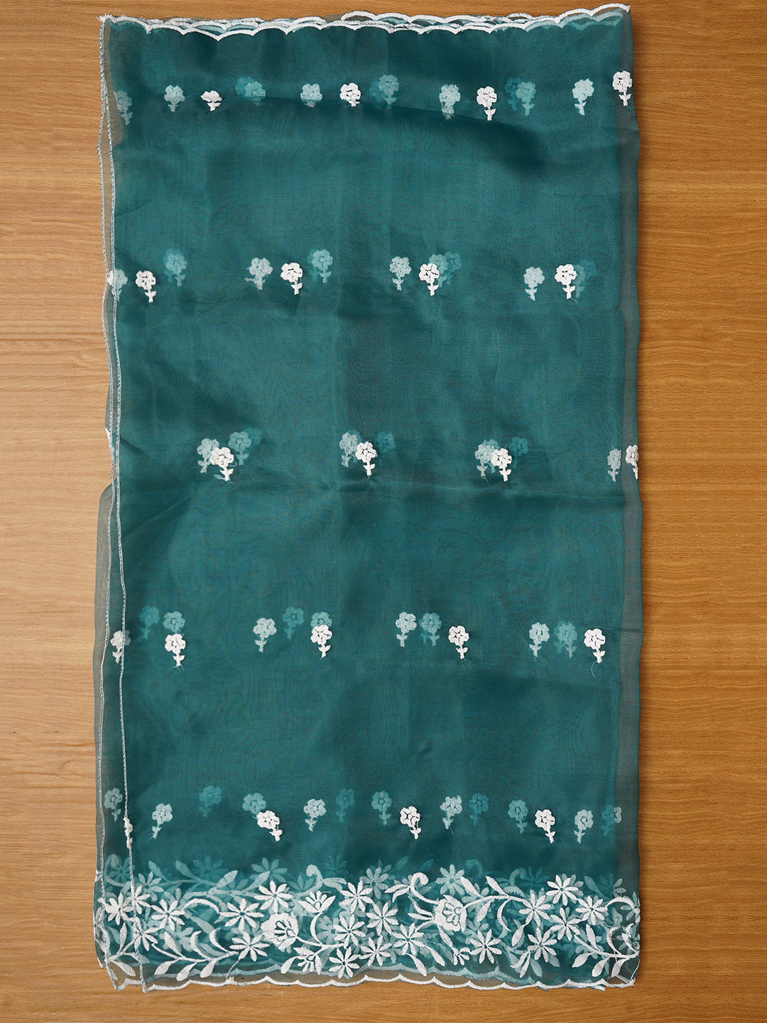 Sea Green Floral Embroidered Organza Dress with Dupatta