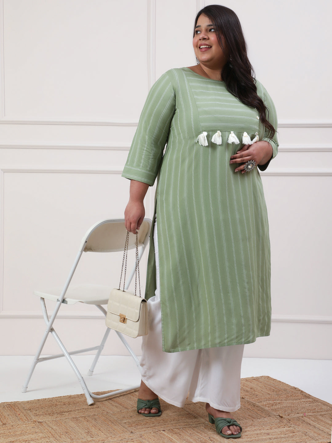 Plus Size Green Floral Printed Straight Kurta