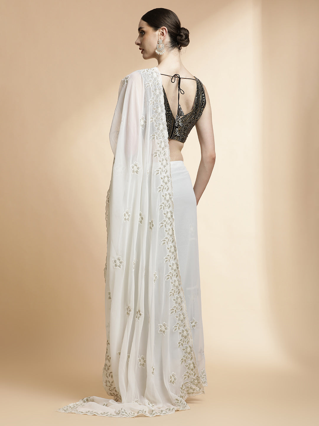 Party Wear Embroidered Pure Georgette White Saree