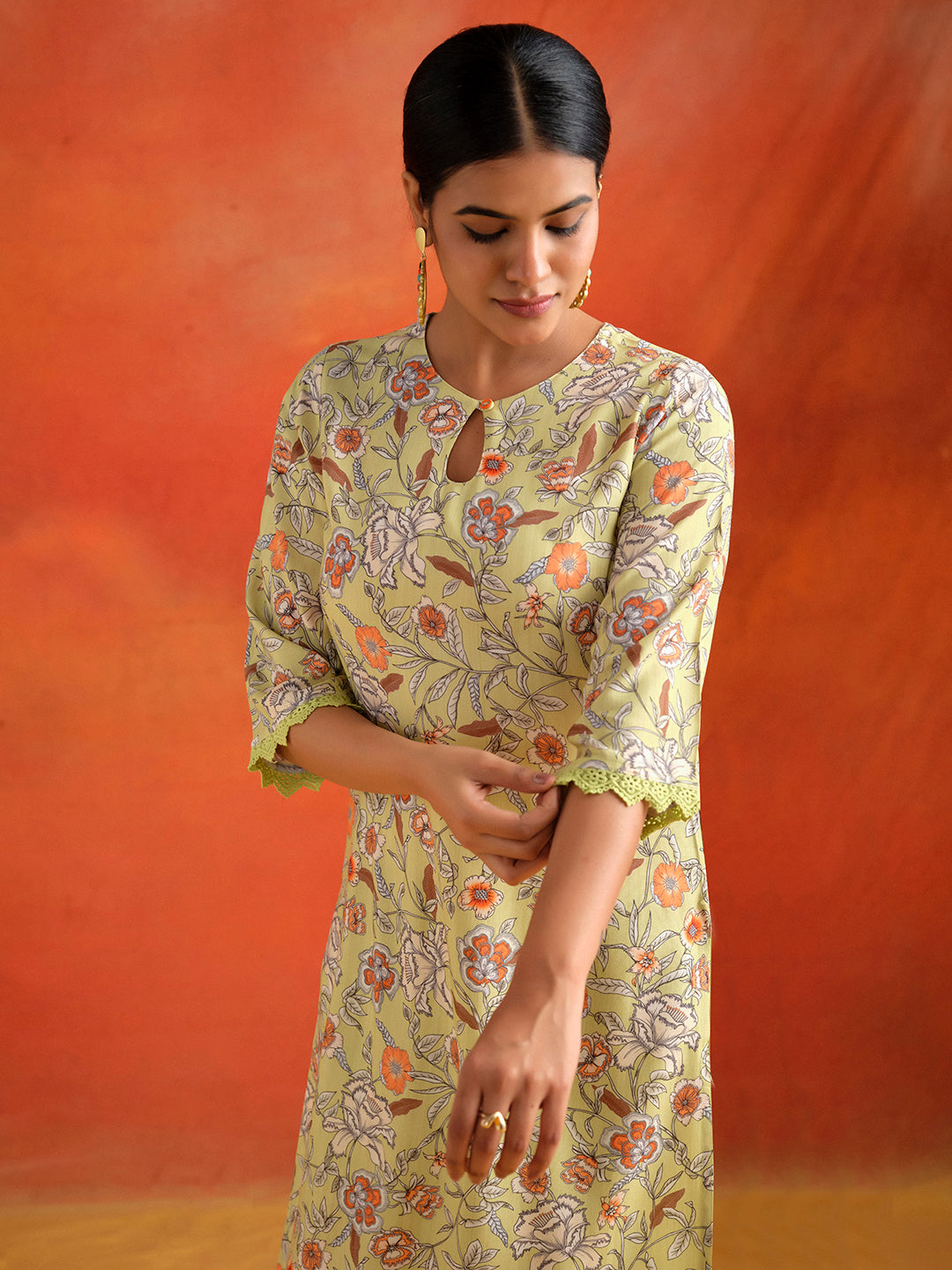 Lime Green Floral Printed Straight Kurta With Pants