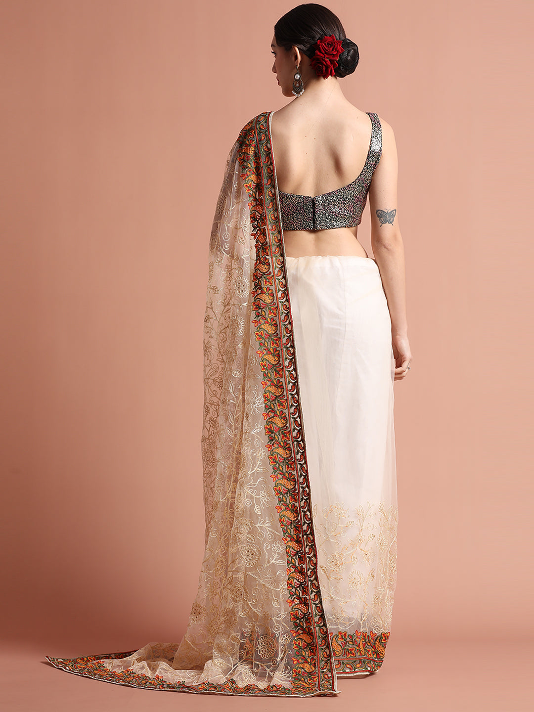 White Floral Embroidered Net Party Wear Saree