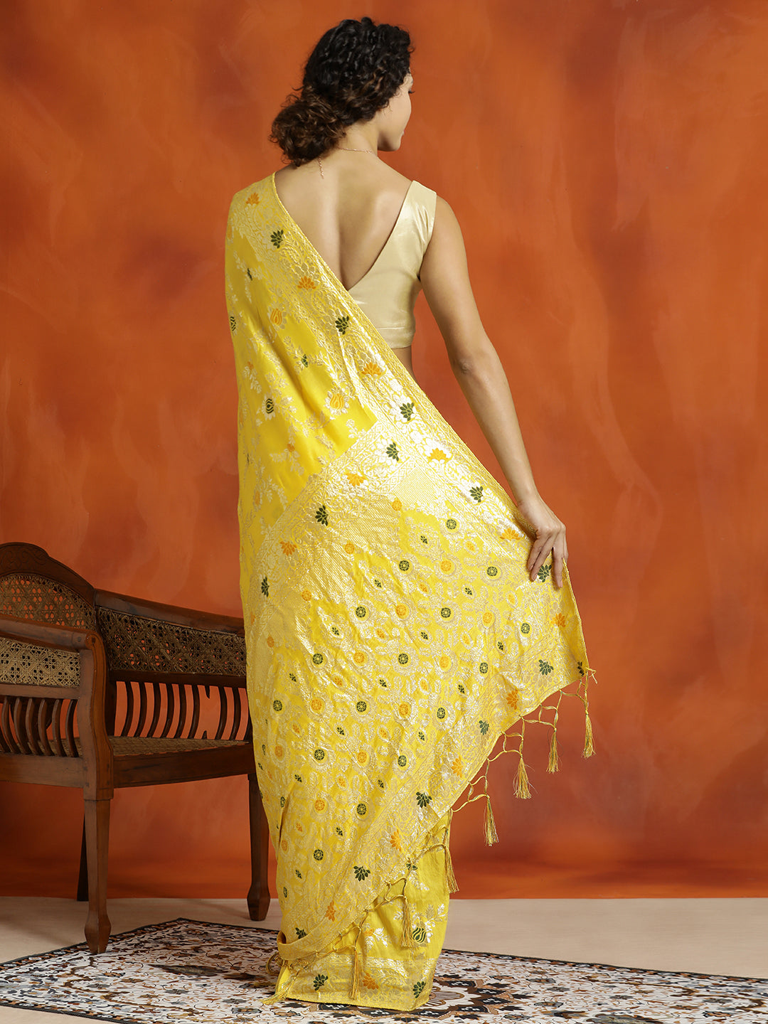 Yellow Silk Banarasi Floral Zari Woven Design Yellow Saree