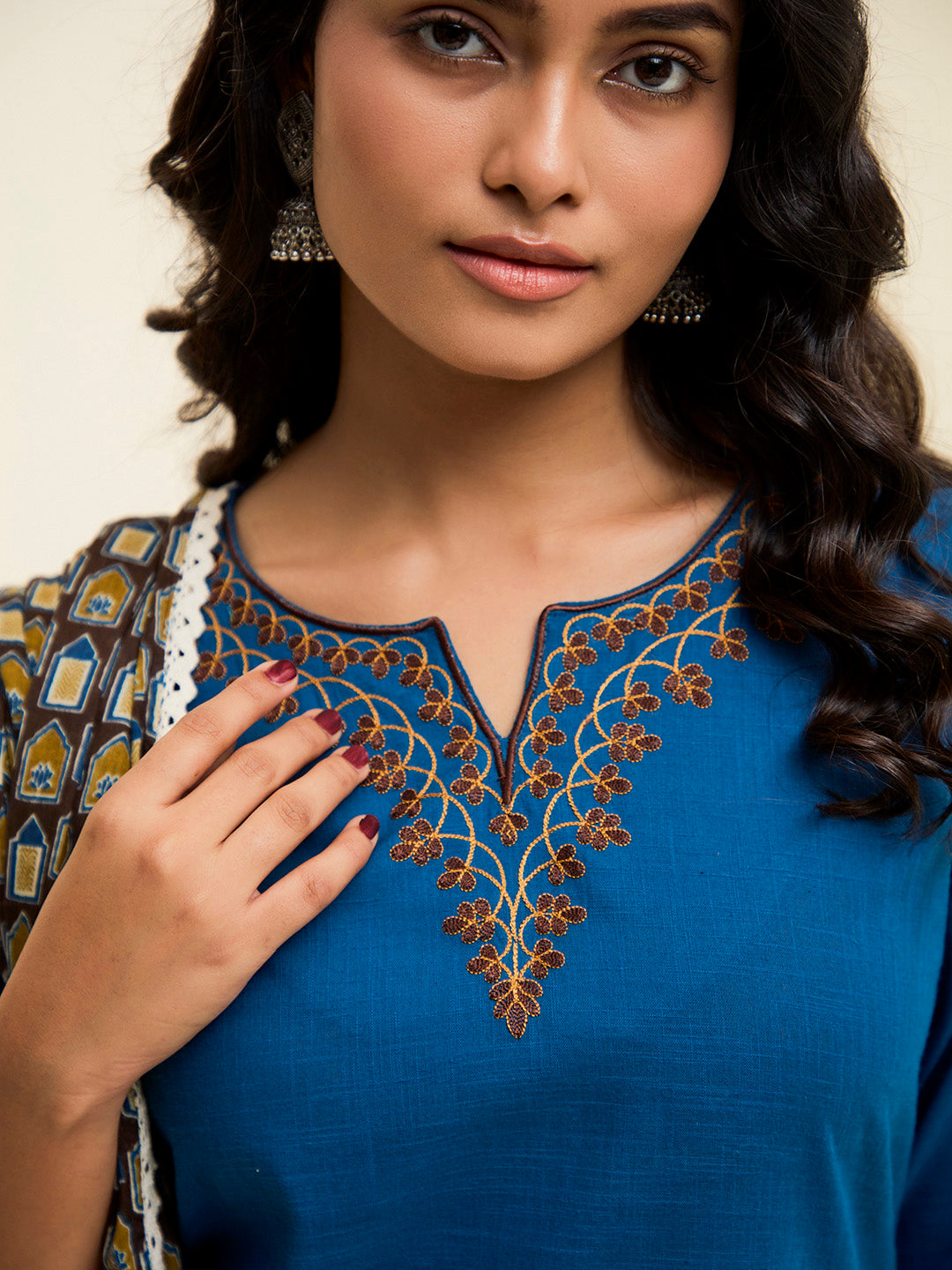 Teal Embroidered Cotton Kurta Set With Dupatta